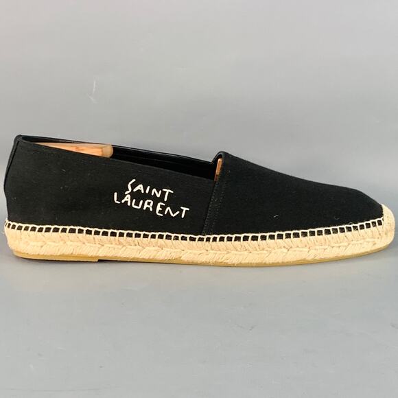 SAINT LAURENT Size 12 Black Natural Embroidered Logo Canvas Espadrille Sneakers - Picture 2 of 10